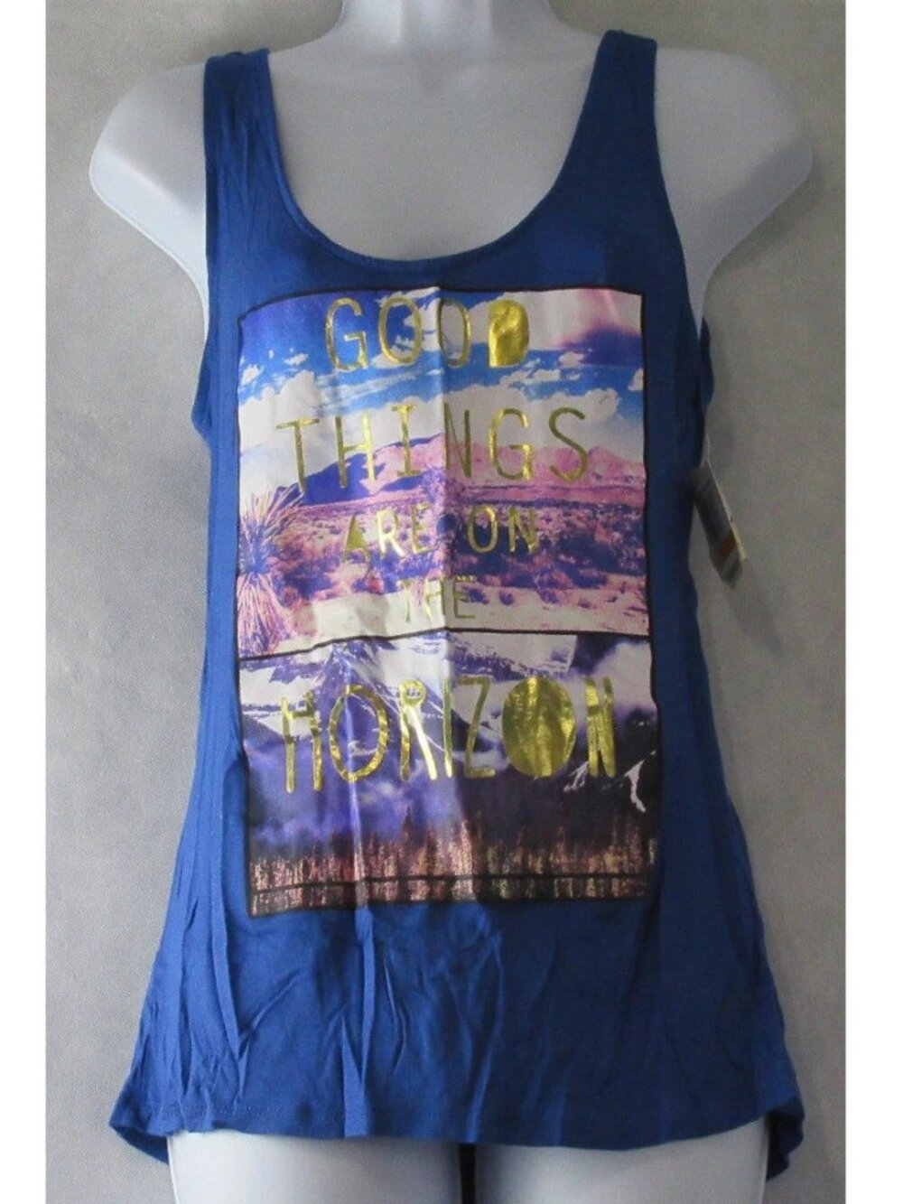 Belle Du Jour Juniors' Back-Knot Graphic Sleeveless Tank Top, Blue, Small